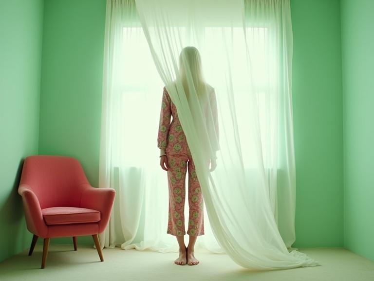 Hyperrealistic editorial image for a conceptual mystery novel cover. Minimalist retro-styled interior with pastel green walls. A single mid-century red armchair is present. Figure stands barefoot in soft diffused light. Outfit has rich pink and green patterns blending with the surroundings. Sheer white curtain sweeps across the scene. Figure's face is partially veiled. Composition is off-center yet balanced. Evokes dreamlike stillness. Shot on Arricam Lite 35mm film for warmth.