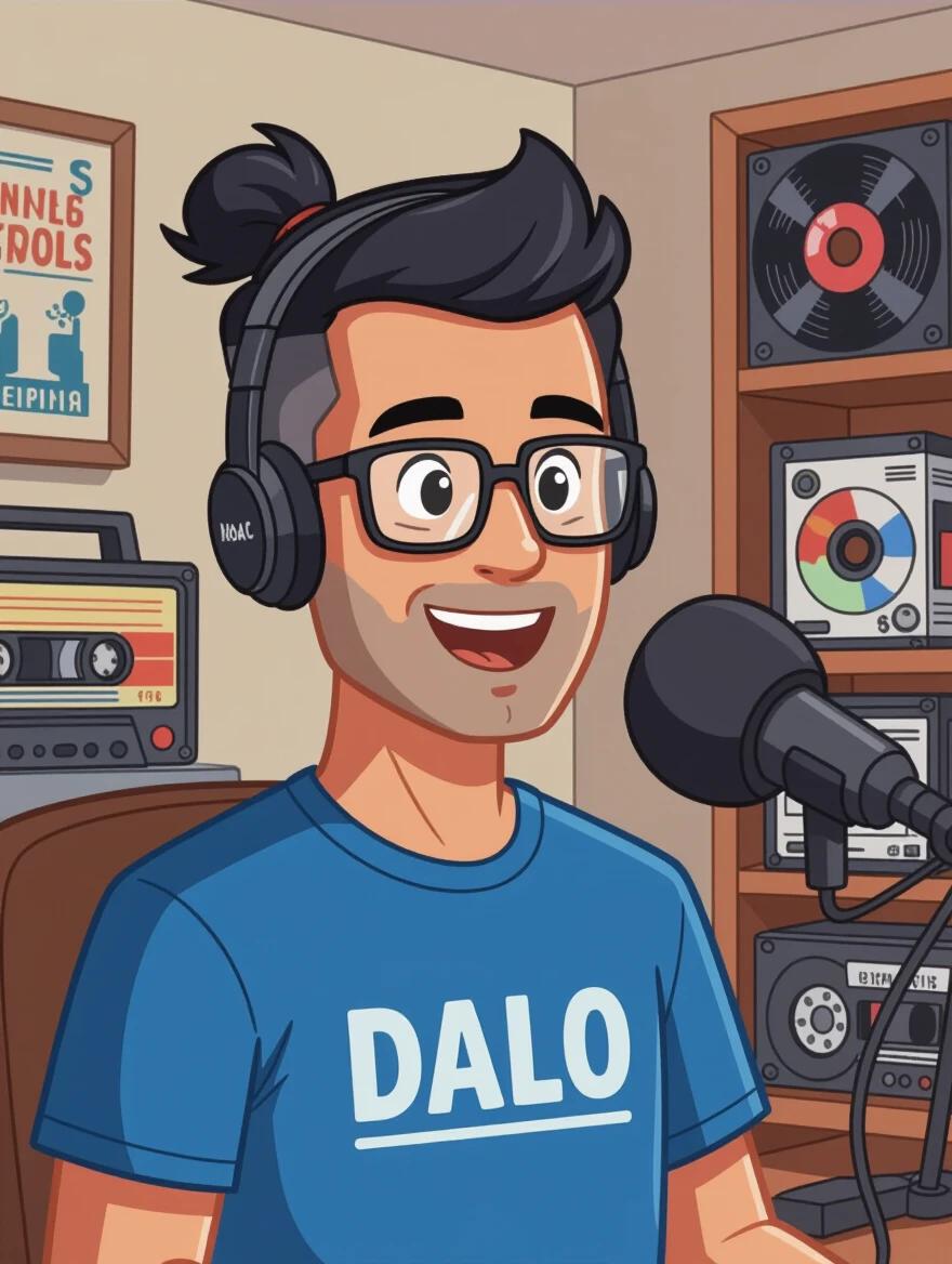 A male speaker with short black hair and a small ponytail wears a blue t-shirt with the word DALO. He sits in a radio booth speaking into a podcast microphone. The booth features vinyl records cassette tapes and CDs in the background. The artwork is in a Pixar animation style.