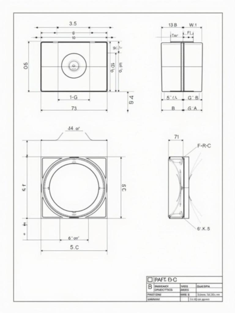 Engineering drawing displays orthographic views in third angle projection. Three views shown: front view, top view, and side view. Contains metric dimensions with circles and angles. Section for isometric sketching. Measurements important for manufacturing and prototyping.