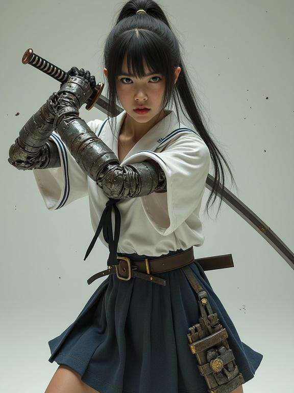 Female warrior in Japanese schoolgirl uniform with cyborg modifications. Holding a katana in a combat pose. Studio with neutral background. Subtle dust particles. Photorealistic and cinematic style.
