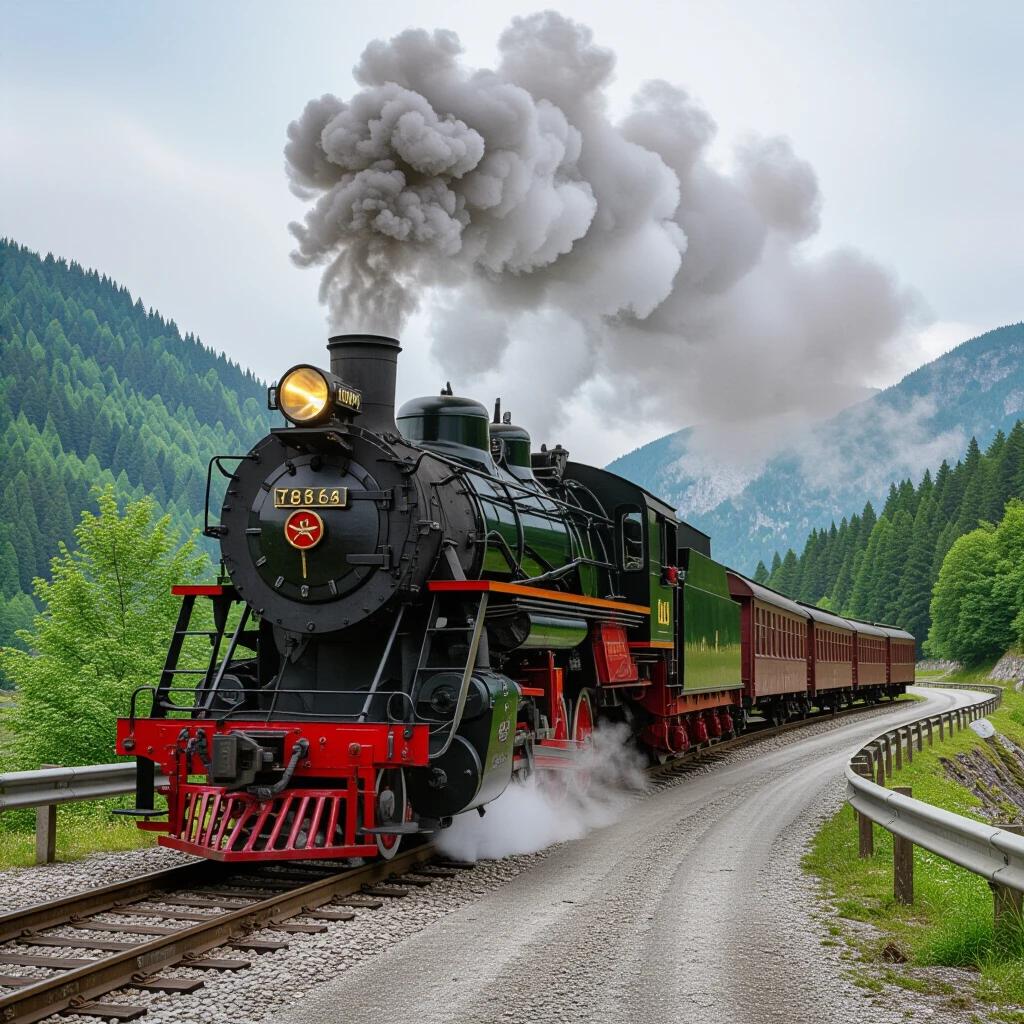A gigantic 1870 steam locomotive crosses a mountain road in the Romanian Carpathians. The locomotive is a 2-8-0 Consolidation type and occupies most of the frame. Visible rivets and boiler texture can be seen with rust streaks. A volcanic plume of steam rises from the stack. Behind, train cars have stopped behind a barrier. The background features pine forests and distant peaks in creamy bokeh. The photograph captures ultra-sharpness and insane detail using a Hasselblad H6D camera.