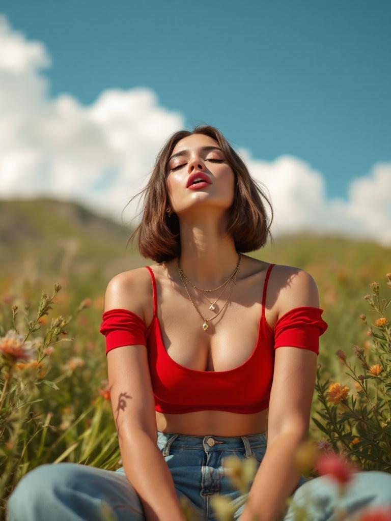 A thick girl supermodel with bob cut hair is singing intensely. The subject wears a red crop top and blue jeans. She is seated and slightly leans forward. The background features lush green plants under a clear blue sky with light clouds. The ambiance is sunlit. The image has an eye-level shot, focusing center-framed on the subject in an elegant pose. Shot with a Sony A7R IV and Sony FE 85mm f-1.4 GM.