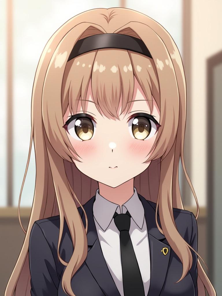 An anime character with light brown hair. The character has pale skin and long eyelashes. She wears a black hairband and a suit. The character has a cold demeanor. The artwork is in a vibrant anime style. Incorporates elements related to the Solana coin.