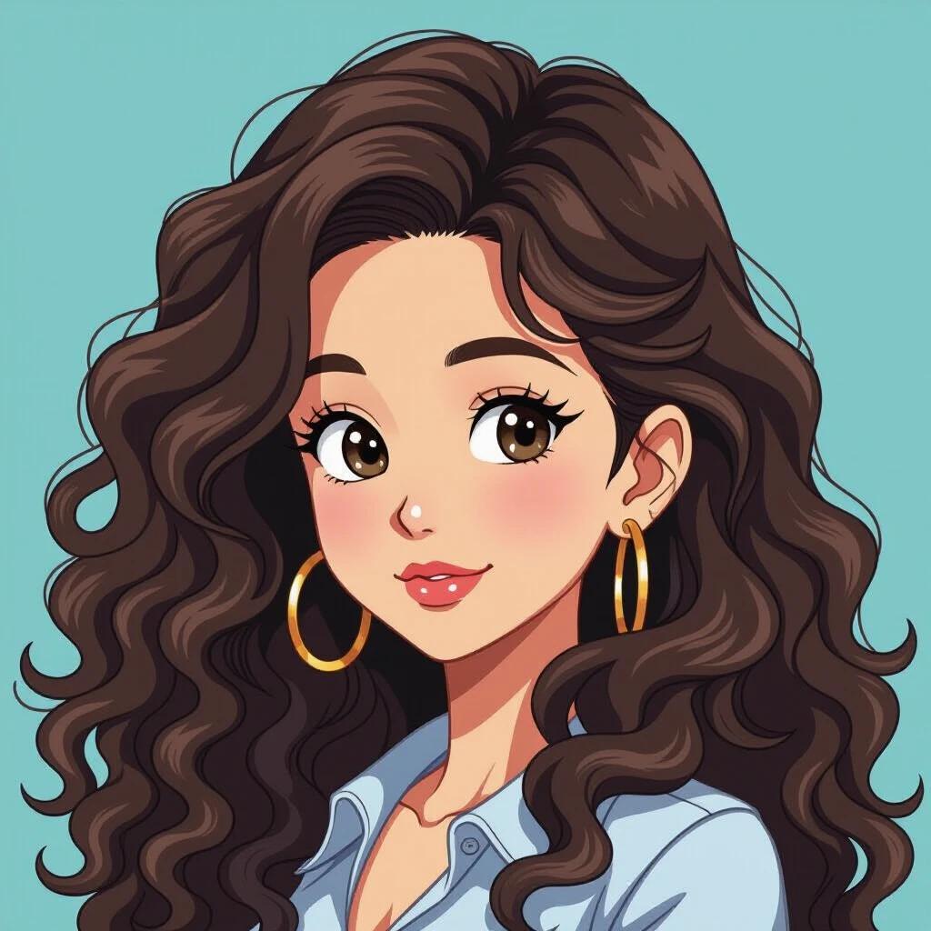Asian woman exhibits long curly hair. Character resembles Zangya from Dragon Ball. Bright blue background emphasizes the vibrant hairstyle and attire.