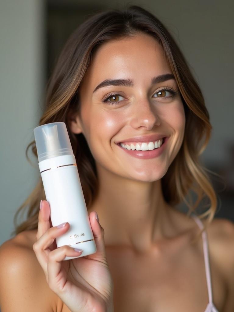 Beautiful individual showcasing a beauty product. Radiant smile holds a vertical container. Casual inviting atmosphere with soft lighting. Focus on beauty and confidence for commercial applications.