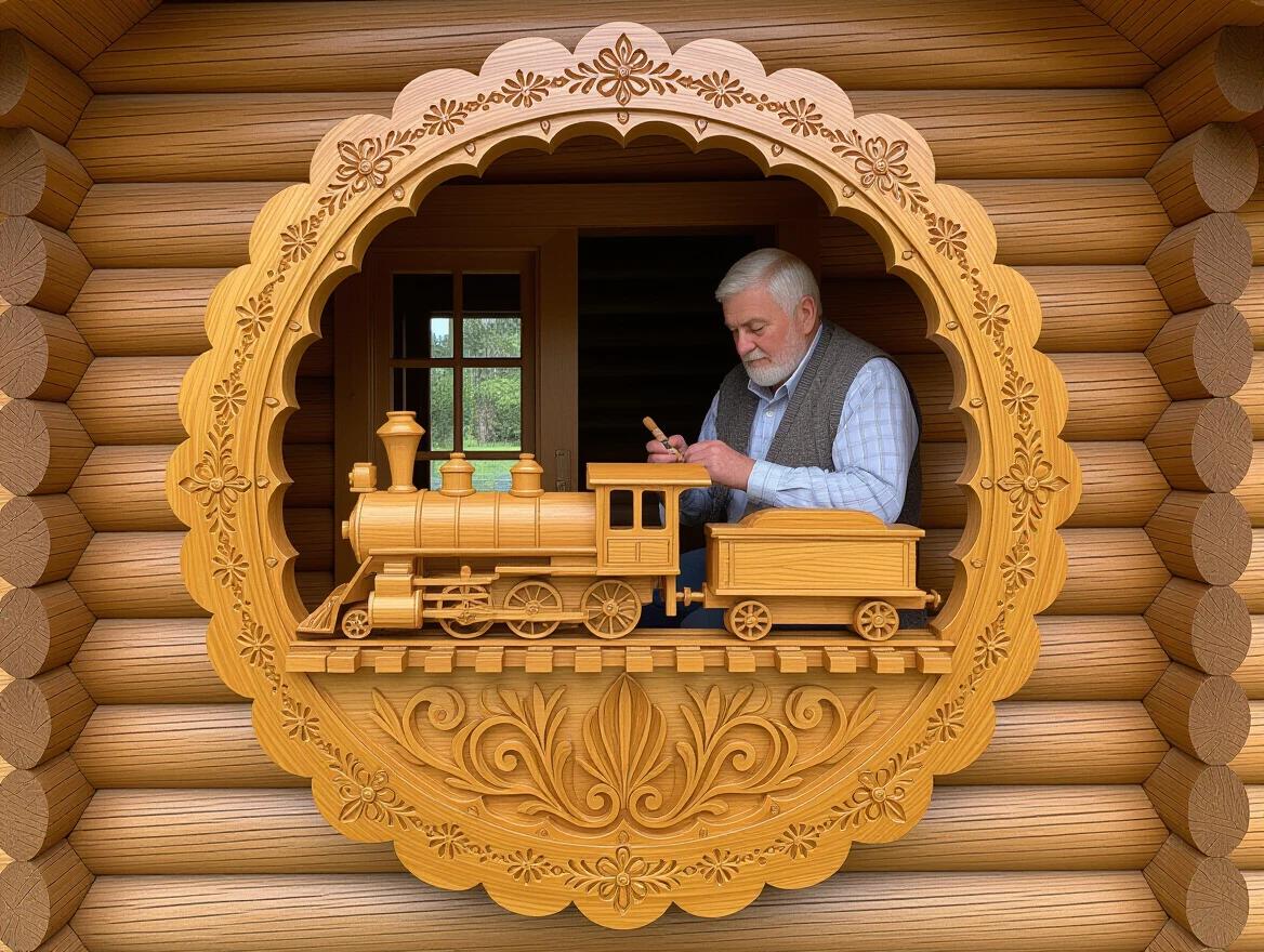 Wooden cabin features an elderly man on the porch carving a wooden trainset. Surrounding environment is made entirely of wood. Cabin has intricate wooden designs. Relief carving is displayed on a round wooden plate. Detail of the carving is hyper-detailed and upscale. High-resolution image showcasing the craftsmanship.