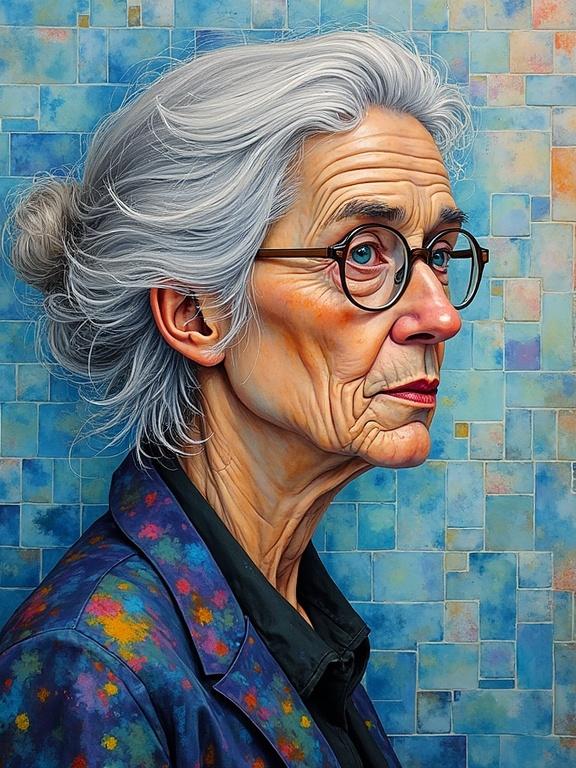 Portrait of an elderly lady with gray hair in a side profile. Background features iridescent ceramic tiles in blue hues. Expressive features highlighted with natural lighting. The art combines watercolour and mixed media techniques.