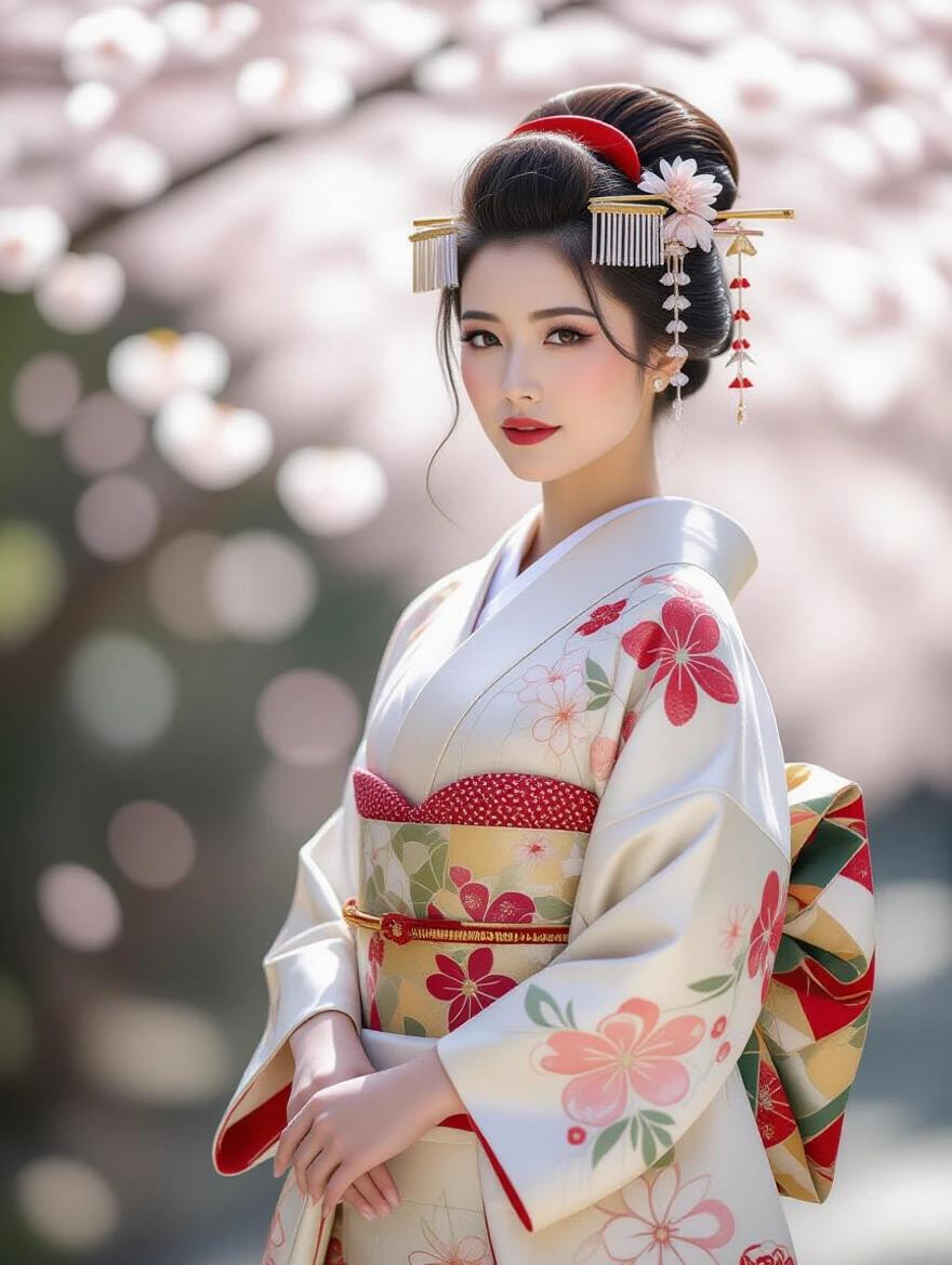 Couture fashion portrait features a model in a beautiful kimono with floral patterns. Background filled with cherry blossoms gives a soft bokeh effect. The image captures elegance and cultural significance. Model posed in a three-quarter view. Lighting is natural and warm. Focus on traditional Japanese motifs.