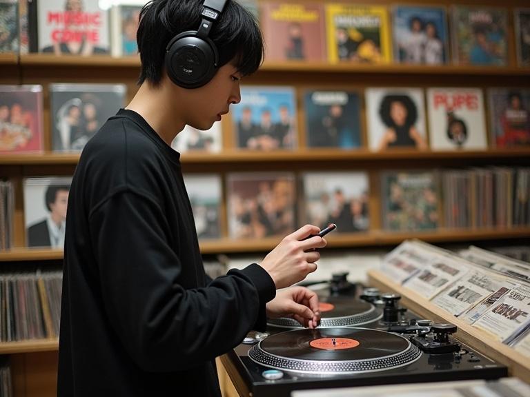 Individual playing vinyl records on DJ turntables inside a record store. Wearing professional DJ headphones. Surrounded by collections of vinyl records. Enjoying listening to music.