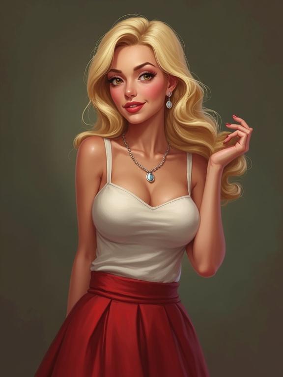 A young woman with long blonde hair wearing a tank top and a skirt poses confidently. She wears a necklace and earrings. She has a very large bust and a shy smile, embodying the idea of a good wife with a touch of elegance.