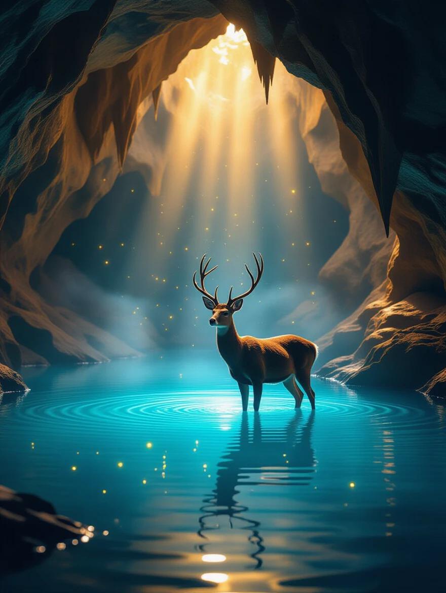 An ethereal deer stands in a glowing azure pond. The scene is illuminated by fireflies inside a grand cave filled with golden light. The composition shows beautiful contrasts between warm gold and cool blue tones. Soft mist surrounds the deer creating a serene atmosphere. This is a fantasy nature photograph in a 2:3 vertical format.