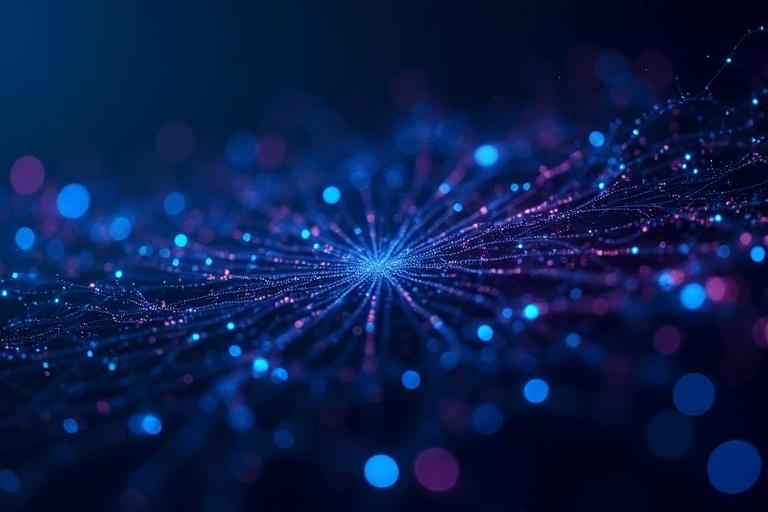 Futuristic neural network with glowing blue and purple lines and nodes on a dark background. Represents dynamic computer system workings. Interconnected nodes pulse with energy.