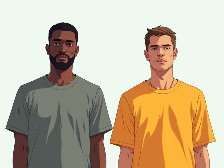 Digital illustration of two male figures standing upright. One has a green t-shirt and the other has a yellow t-shirt. Both figures face forward and look directly ahead. The illustration style is similar to Grand Theft Auto box art. There are no shadows and the background is plain.