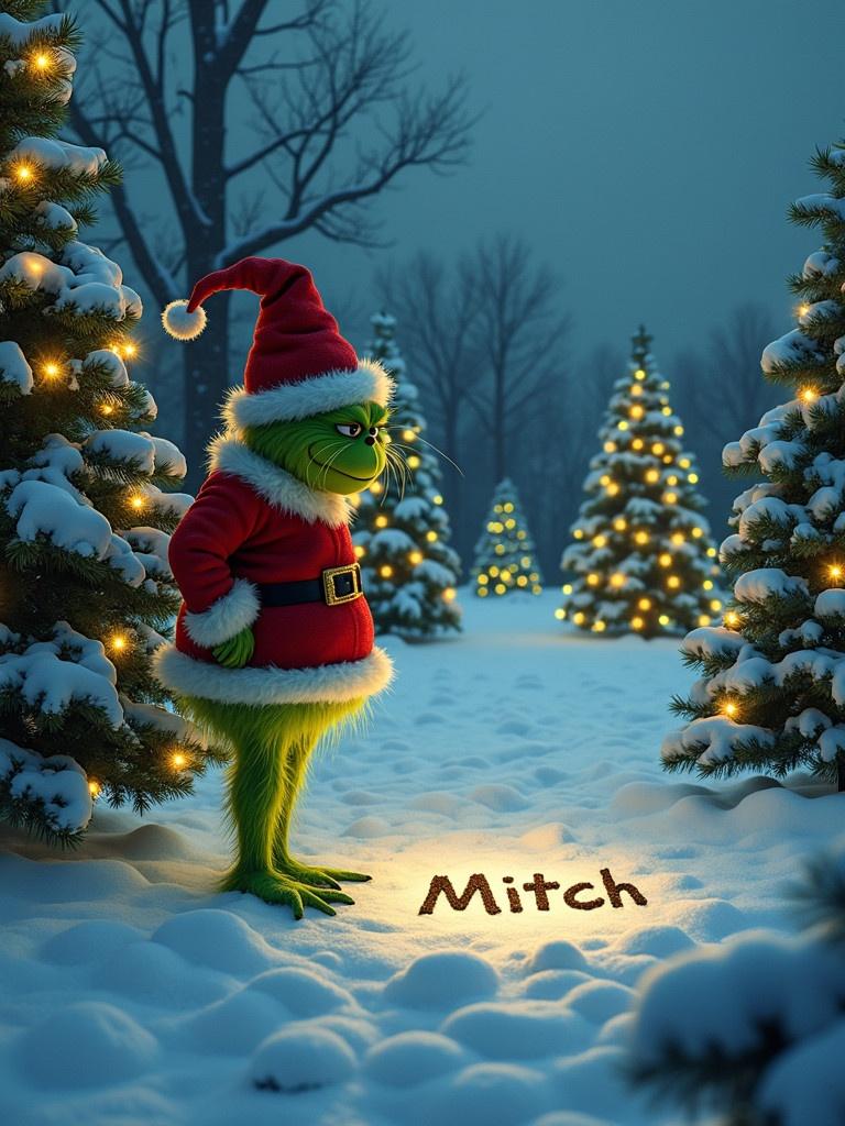 Grinch standing in the snow. Christmas trees with lights. Grinch writing name in snow.