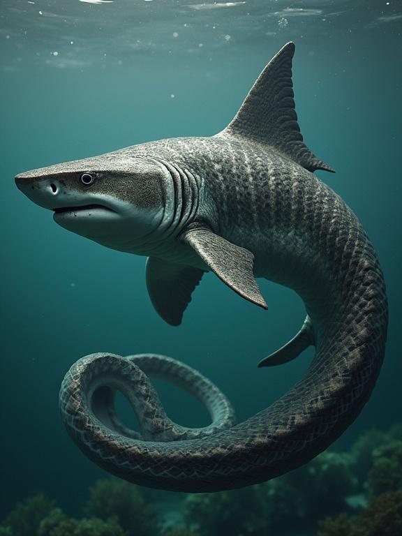 Animal fusion of a Shark and a Snake. Unique underwater creature with a shark head and snake-like body. Swimming gracefully in ocean depths. Detailed textures on skin.
