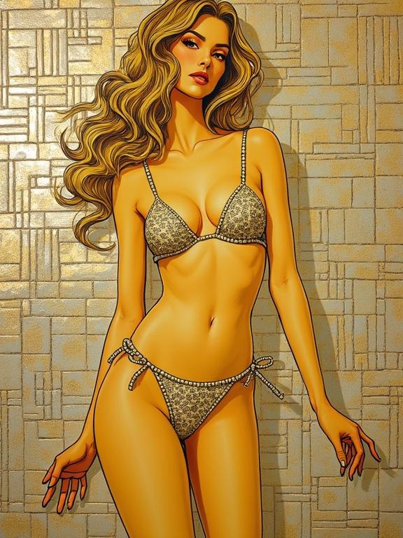 Stylized figure in a bikini against an art deco background. Combination of watercolor and collage techniques. Emphasized textures with metallics and sparkles. Nostalgic and whimsical in design.