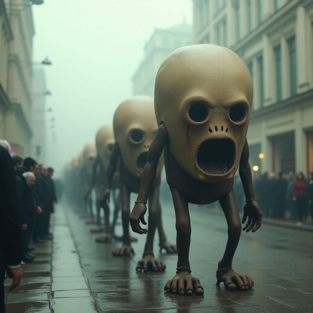 Surreal scene with enormous human heads on feet. Strange figures walk down foggy street. Exaggerated eyes and mouths intensify eeriness. Background crowd observes bizarre procession. Environment feels dystopian with muted tones and horror elements.