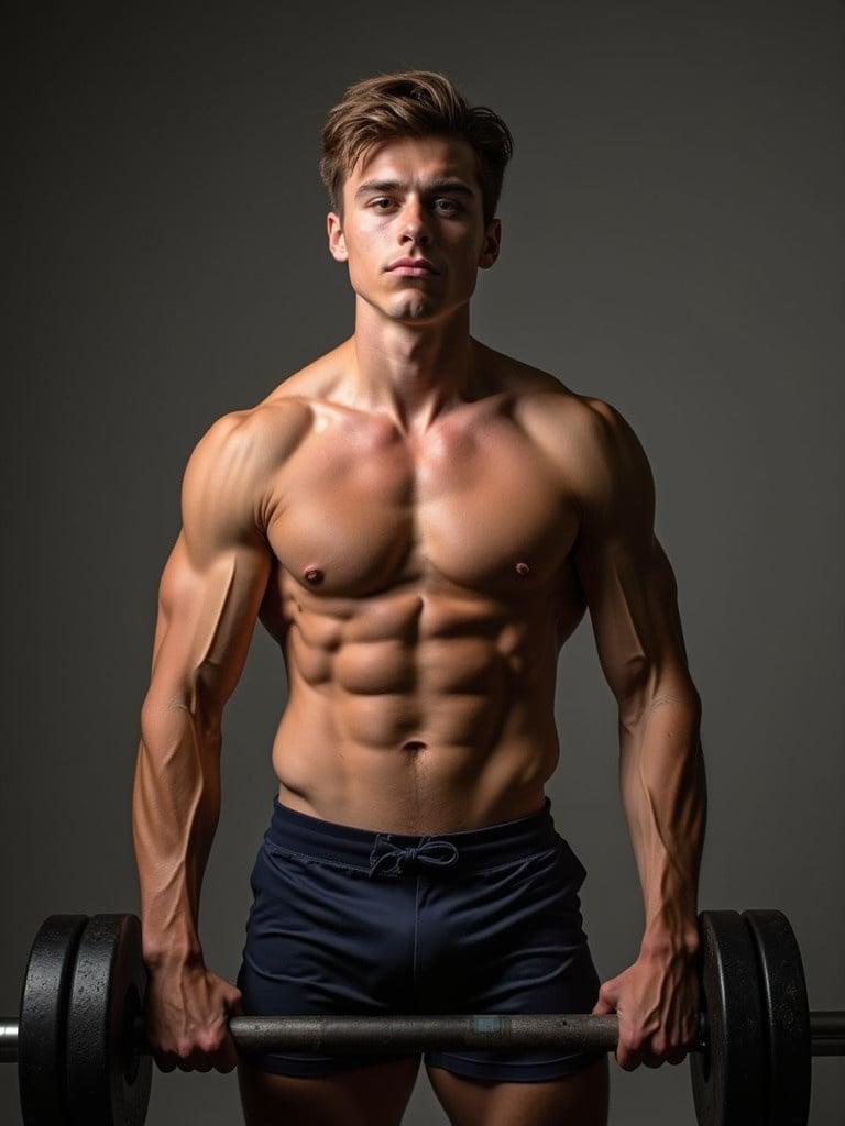 Muscular teen boy lifting heavy dumbbell. Tight shorts emphasize strong legs. Arms showcase well-defined muscles. Dark background highlights physique.