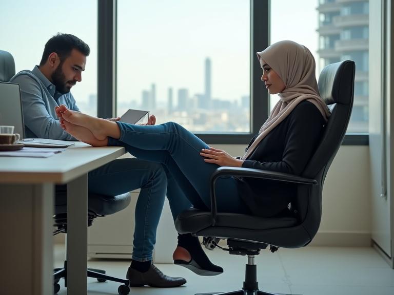 Candid unedited RAW photo inside modern Saudi Arabian office. Features office decor. Niqabi woman seated in chair with feet extended toward male coworker at desk. He leans casually back. She has painted toes and bare feet feeling his groin through fabric. Nearby heels on floor. Distinct features of Saudi appearance. Bright natural lighting. Riyadh skyline visible outside.