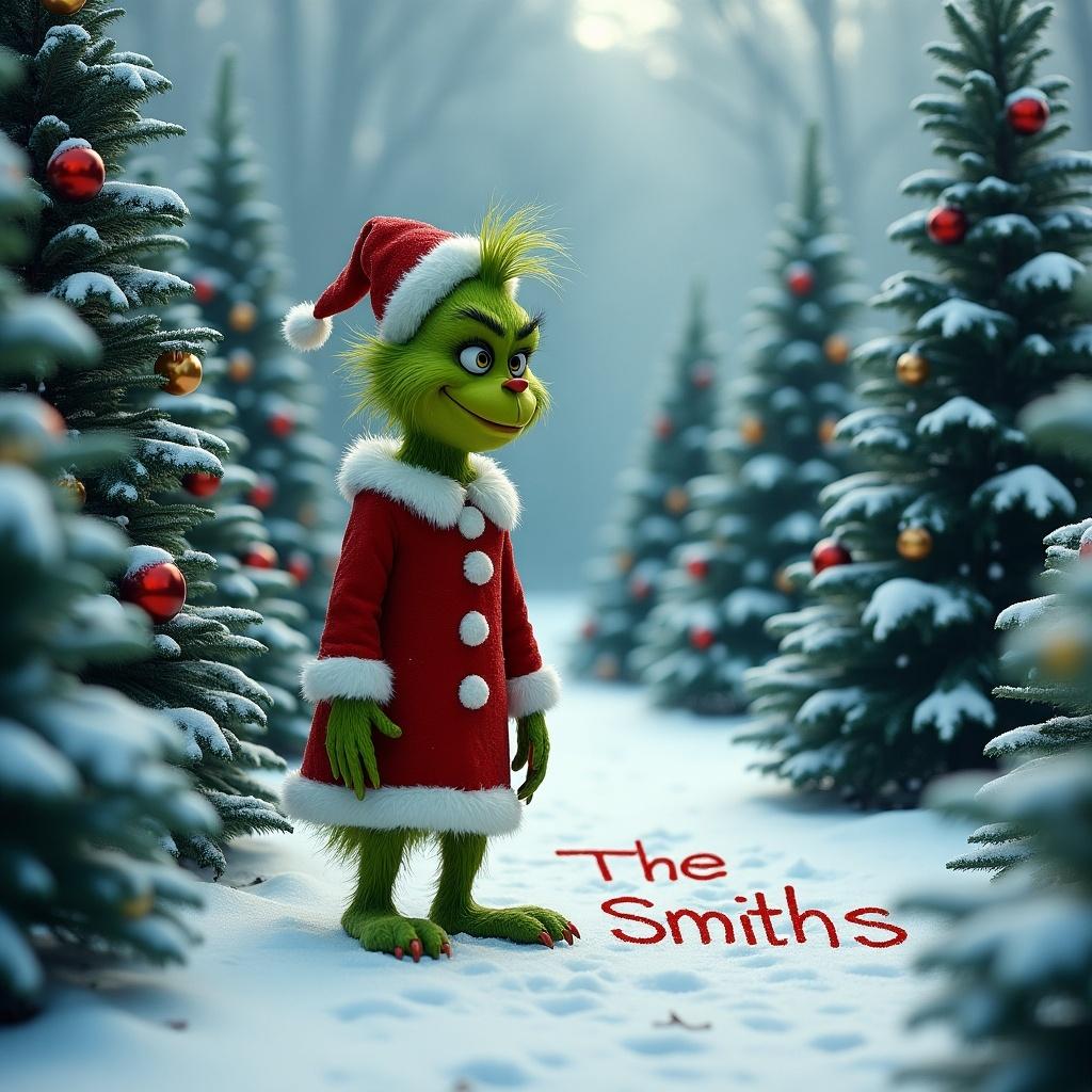 Grinch outside in winter. Surrounded by Christmas trees. Writing in the snow. Character dressed in Santa outfit.