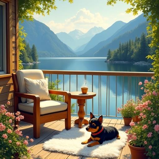 Cozy lakeside terrace surrounded by greenery and blooming flowers. Comfortable armchair with wooden frame and beige cushion. Small round wooden table with steaming cup of coffee. Black and tan toy terrier puppy with red collar on white rug. Background of blue mountains and serene lake. Soft golden light of morning or afternoon. Painterly oil painting style. Idyllic calm mood.