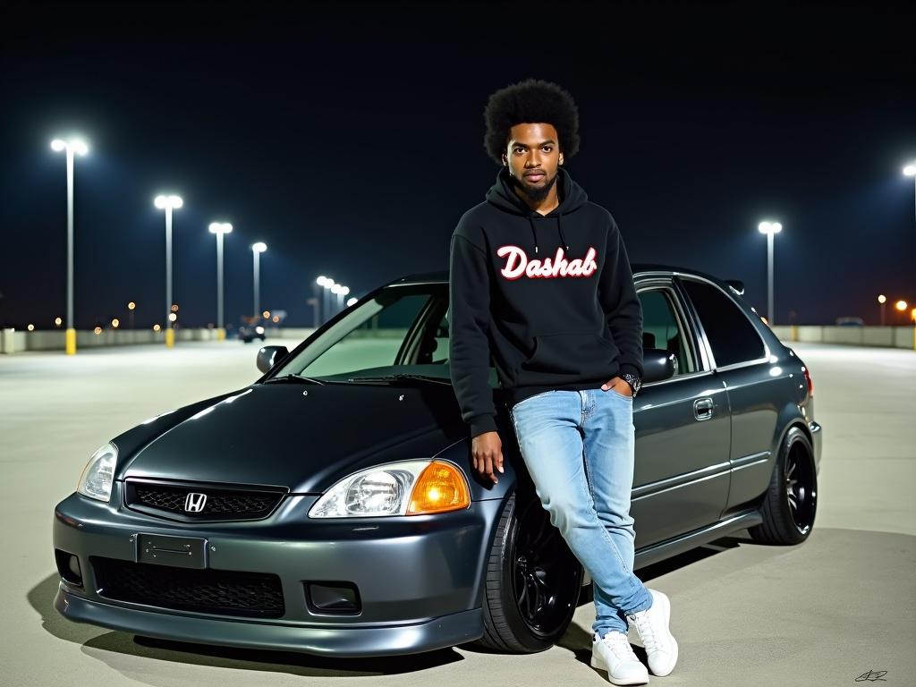 A man with afro hair leans against a modified dark grey Honda Civic in an empty parking lot at night under streetlights. He looks calm with confidence. He wears a black hoodie with red and white Dashab lettering, light blue jeans, and white sneakers. The background is empty highlighting open space and an urban atmosphere.