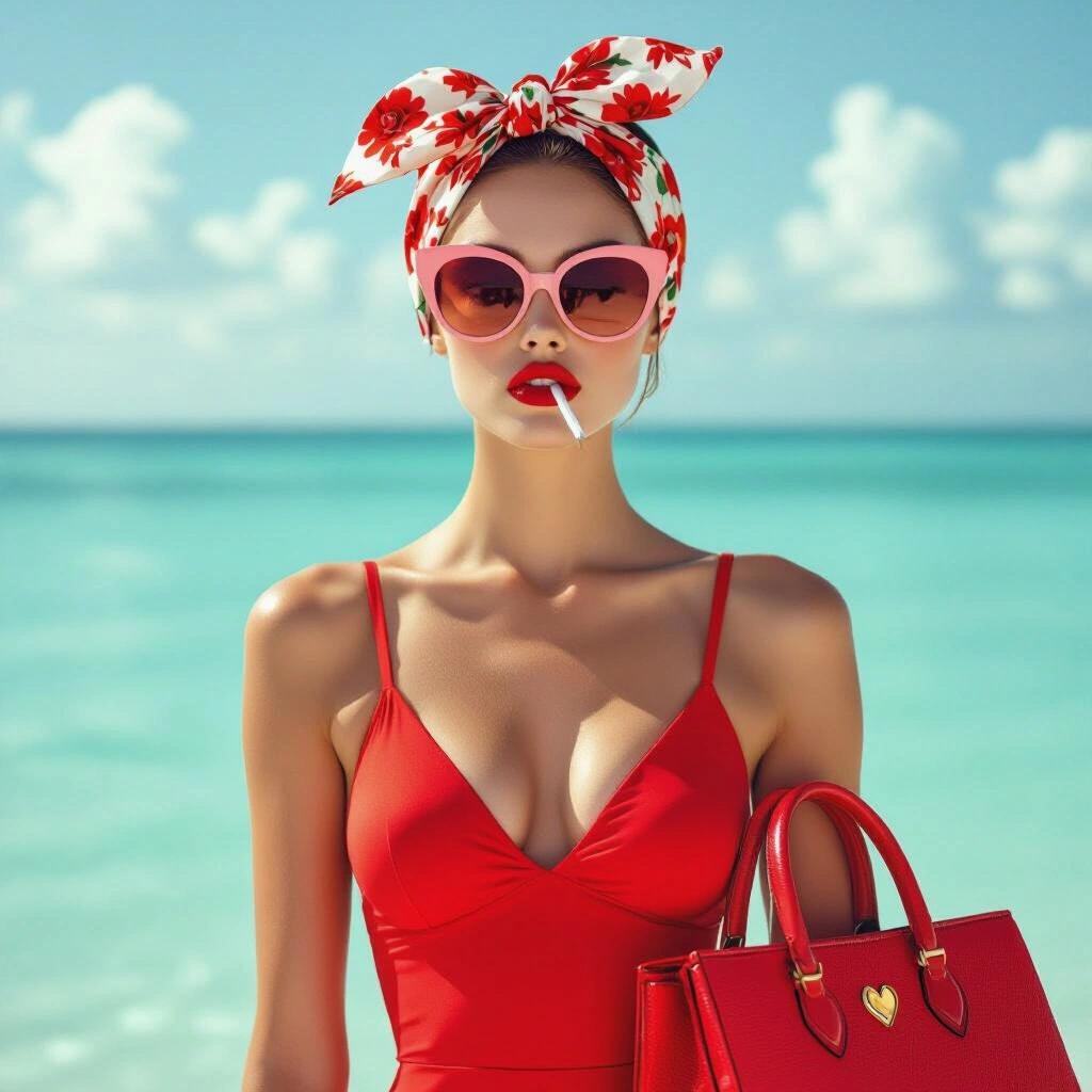 Ultra-realistic high-fashion beach portrait of a woman in front of a tropical sea background. She wears a red one-piece swimsuit and a floral silk scarf on her head. Oversized pink sunglasses cover her eyes. Bold lipstick complements her style. She holds a red designer tote. A cigarette rests between her lips. Soft daylight enhances the scene.