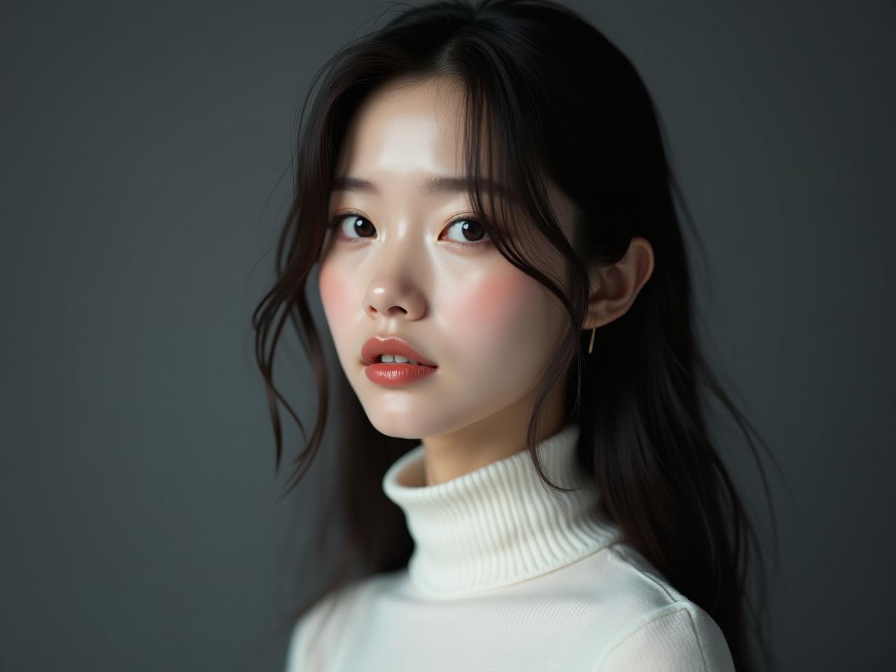 Portrait of a young East Asian woman with long, dark hair and dark eyes, wearing a white turtleneck. She is looking slightly to the right of the camera with a neutral, almost melancholic expression. Her makeup is minimal, featuring glossy lips that catch the light. The lighting is soft and diffused, creating a gentle glow on her skin. The background is gray or dark, providing contrast while keeping the focus on her face. The composition is high quality and professional, showcasing a realistic style with photorealistic details.