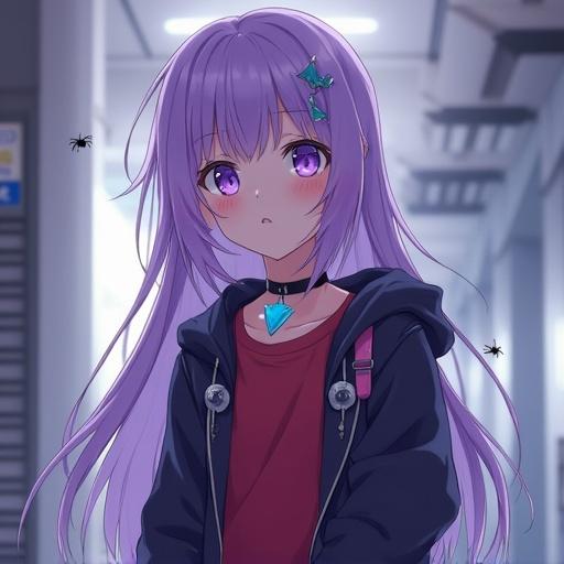 Full body depiction of an anime character. The character wears a red shirt under a dark hoodie. Long pastel violet hair with a triangular hairpiece. Bright purple eyes with a curious and worried expression. Features a shiny blue neckpiece and futuristic strap. Surrounded by a mysterious empty environment with a spider present.