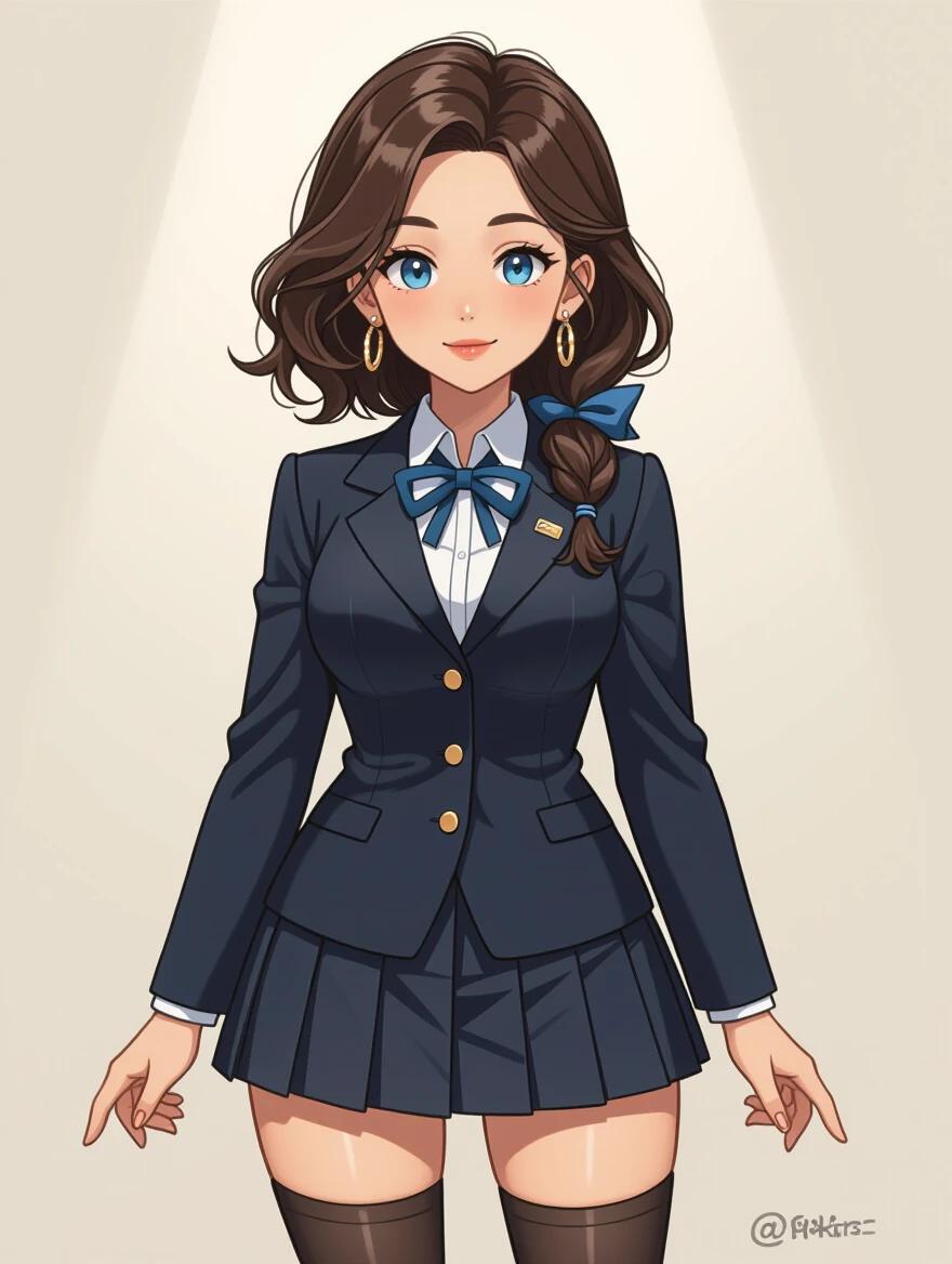Full body illustration of a female character wearing a tight school uniform. She has liquid-blue eyes and a small mouth. Hair is dark brown styled in messy shoulder-length with blue scrunchie and silver clip. Character has a plump body with wide hips. Wearing flashy earrings and high-knee socks. Soft diffused lighting highlights the character. Detailed comic book style digital art.