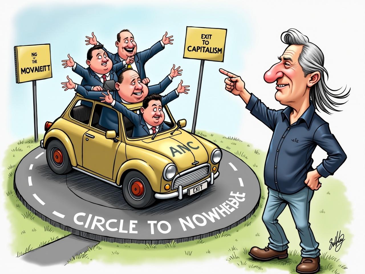 A political cartoon shows a roundabout labeled "Circle to Nowhere" and "Socialism." A clunky car labeled "ANC" drives in endless loops around the roundabout. On the roof, fat bureaucrats in suits are either laughing or looking clueless about their situation. To the side, a character resembling a middle-aged man with exaggerated features, including a prominent nose and expressive eyes, stands assertively. He has long, wavy, light-colored hair swept back and is dressed in jeans, brown shoes, and a navy blue long-sleeve shirt. The man points towards an exit labeled "Capitalism," which leads to prosperity, while the bureaucrats ignore it and stay trapped in the loop.