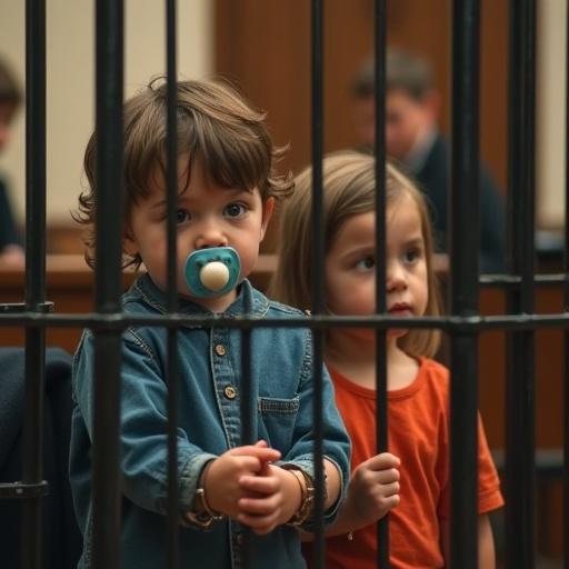 Two children appear in a courtroom setting. A boy and a girl look anxious while behind bars. Each child wears a pacifier and has handcuffs. They await their sentence with a judge speaking.