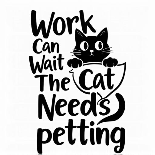 Design with text about prioritizing cat care. Illustrates a cat peeking with paws up. The text 'Work Can Wait The Cat Needs Petting' is prominently featured. Cartoon cat in speech bubble.