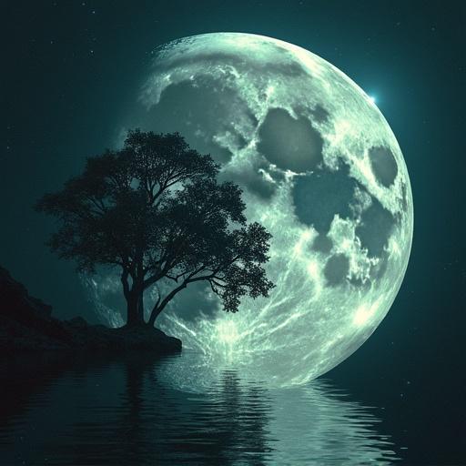 A landscape featuring a large, detailed moon reflecting on calm water. A solitary tree stands silhouetted by the moonlight. The overall feeling evokes emotion and serenity.