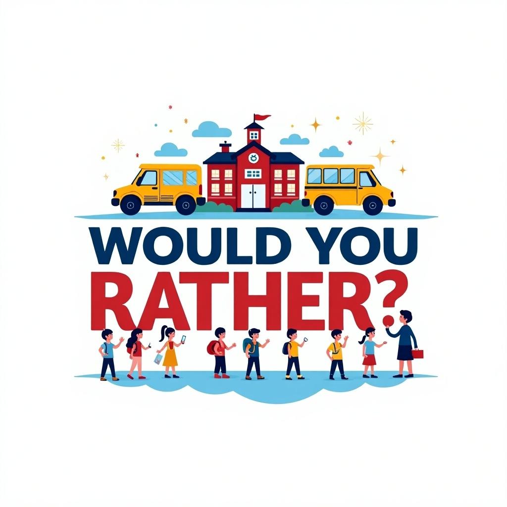 Logo with blue and red colors. Text includes 'WOULD YOU RATHER?'. Features a school, school bus, teacher, and students.