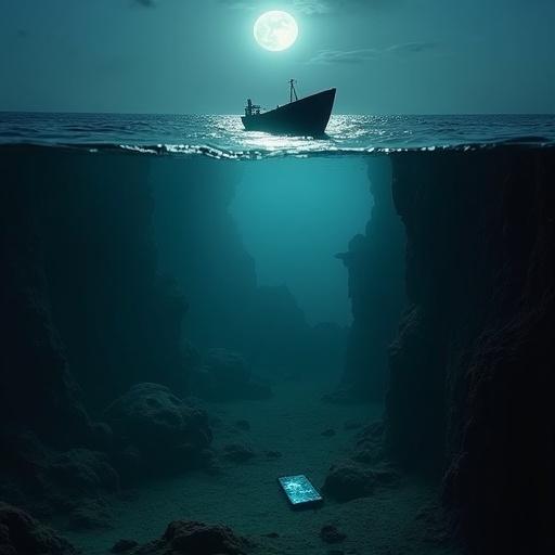 Haunting underwater tableau. Cracked smartphone flickers as it sinks. Ancient murky waters. Dead fisherman visible. Sunken ship beside crevice. Moonlit Gulf of Khambhat. Tense small boat on surface.