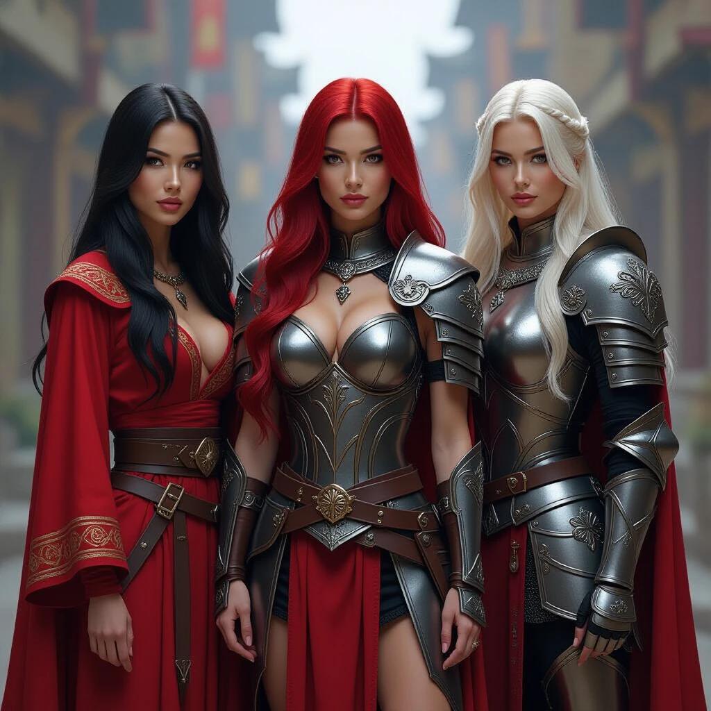 Image of three women. One has dark hair in short red arcane robes. The second has long red hair with visible strong muscles. The third has long blonde hair in full plate mail armor. They are standing in a fantasy setting.
