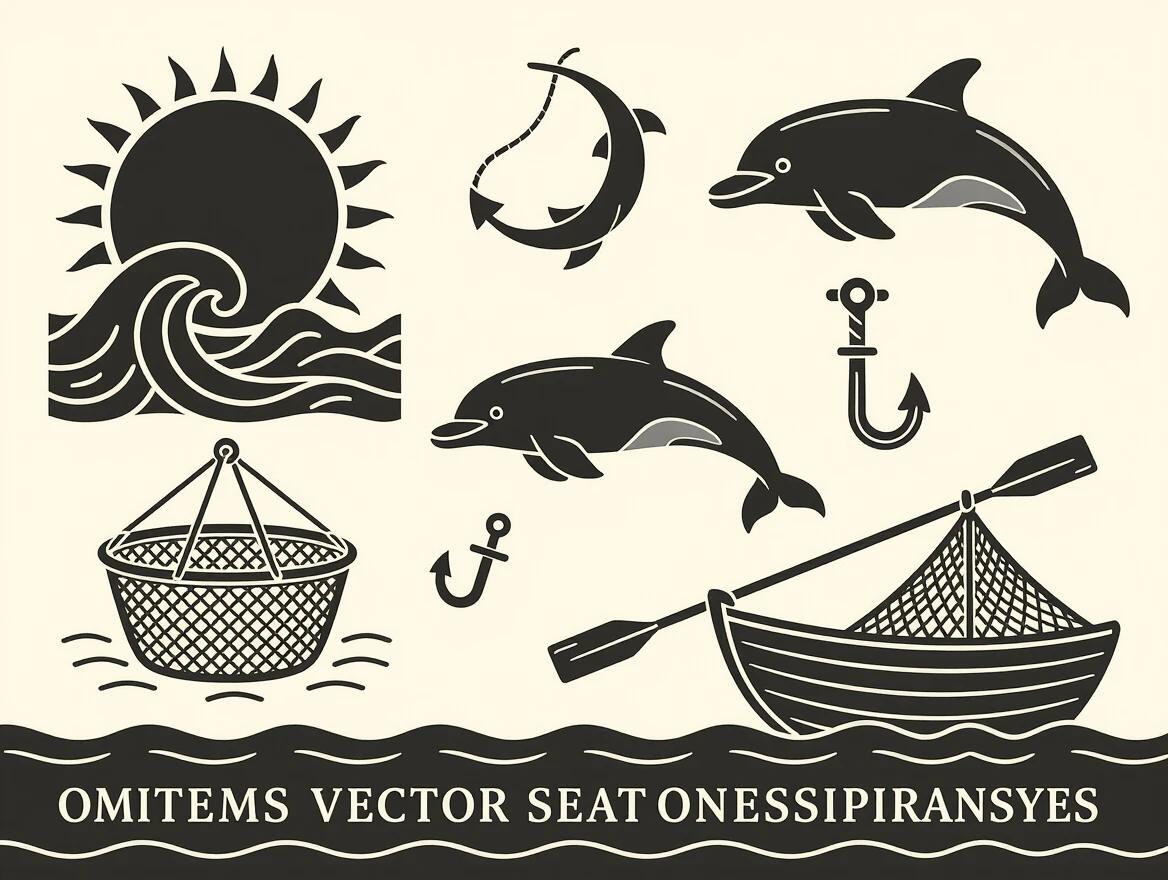 Collection of black vector images including a sun waves dolphins a harpoon hooks a float a landing net and oars all on a white background from the 1880s style.