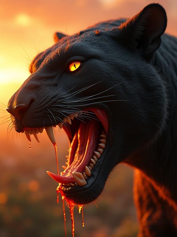Photorealistic portrait of a hybrid alpha predator roaring with saliva dripping from its razor-sharp teeth. Fur and scale texture is ultra-detailed with glowing amber eyes and scars. Muscles ripple under the skin. Background features a fiery jungle at sunset with smoke and embers. Cinematic lighting, 8K resolution, hyper-detailed.