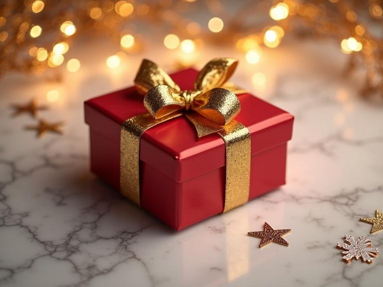 Luxury gift box with golden ribbon on marble background surrounded by glitter and sparkles. Elegant product presentation with warm lighting. Festive and classy composition suitable for branding.