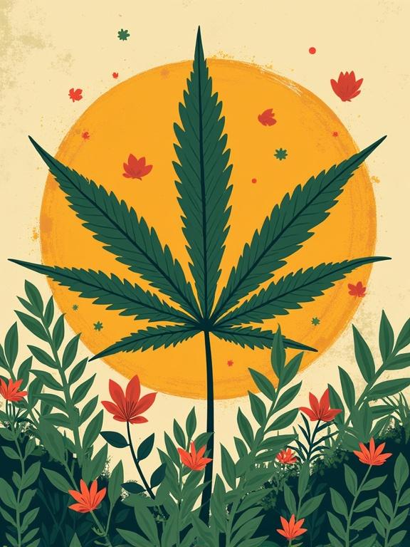 Youthful background poster illustration. Large green cannabis leaf. Yellow sun behind the leaf. Surrounding floral elements with red and orange flowers. Aimed at promoting drug awareness.