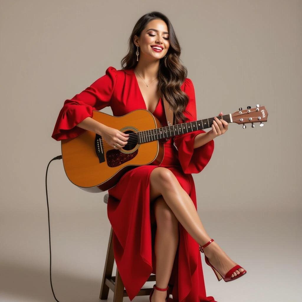 Woman sits on a stool, red dress, playing guitar, singing, smiling. Soft background, warm lighting. Stylish and elegant appearance.