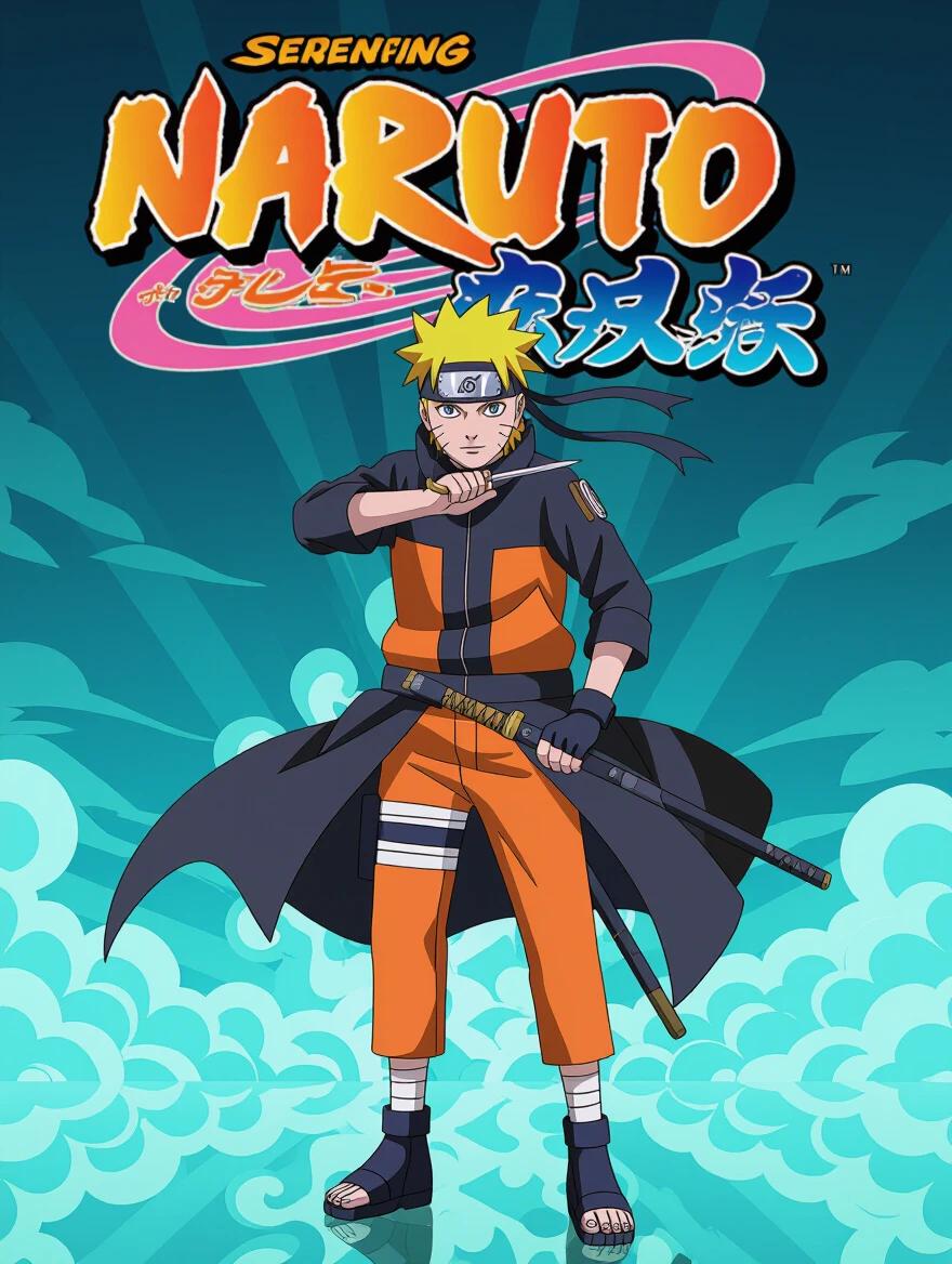Create a dark Naruto-themed background with green and purple reflections. Feature an iconic Naruto pose without showing facial details.
