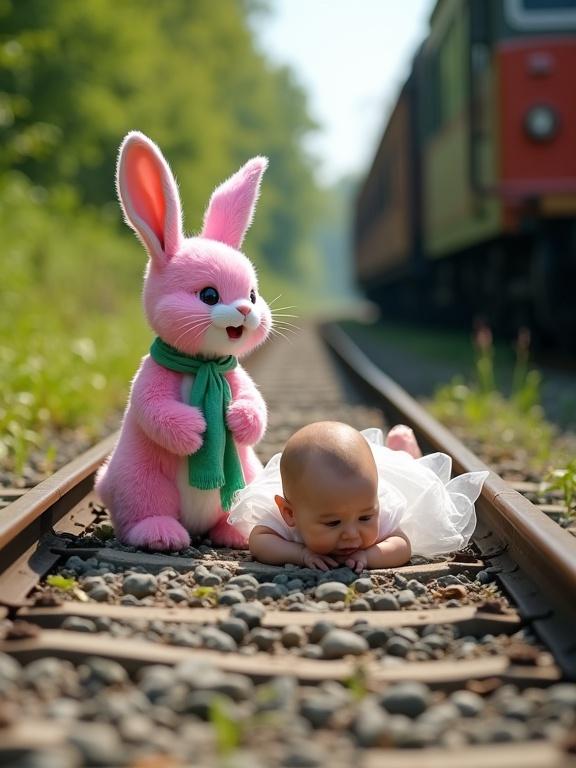 A joyful pink and white rabbit stands beside a baby in a white dress lying on train tracks. The rabbit wears a green scarf and appears playful while the baby looks worried. The scene is set in bright daylight adding vibrancy. A train is blurred in the background, creating urgency. The lush greenery frames the left side while the train tracks draw focus to the subjects. The style is realistic with surreal elements, depicting unexpected companionship with humor and drama.