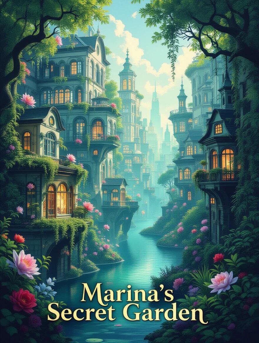 Artistic exploration of unseen dimensions of the Marina. Buildings are part of a hidden ecosystem. Glowing and fantastical flora and fauna intertwine with architectural structures. Fantasy art style with ecological surrealism elements.