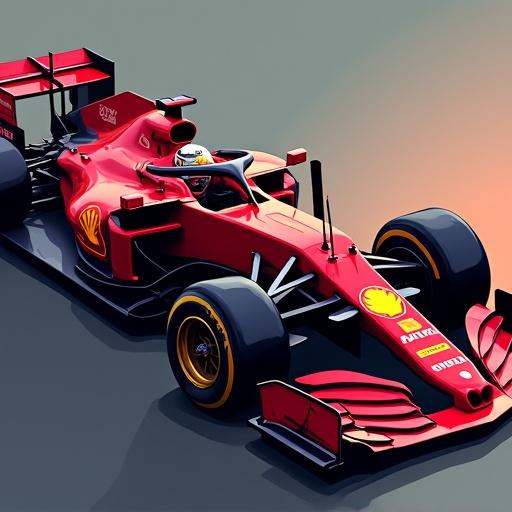 A red Formula 1 car with a sleek design and aerodynamic features. The car is viewed from above, showcasing its intricate details and bright color.