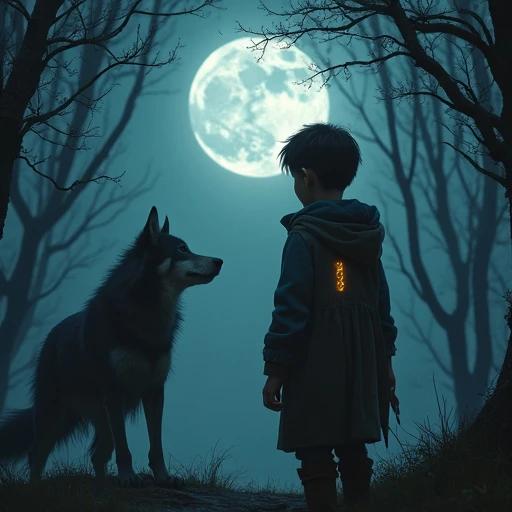 Boy with a scar summoning wolf spirit. Moonlight cutting through trees. Enigmatic forest setting with a mystical atmosphere.