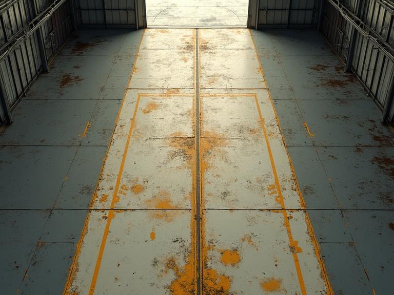 Top view of military hangar floor. Oil-stained surface with faded paint lines. Flat layout presented in anime style.