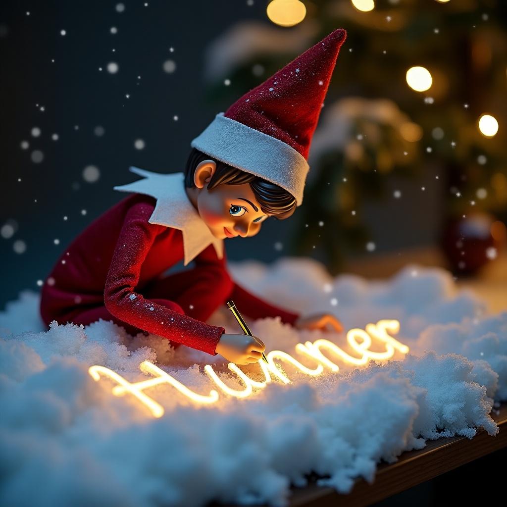 Elf character writing 'Hunner' in snow using lights. Surrounding softly falling snow adds a festive atmosphere. Warm lighting creates a magical feel.