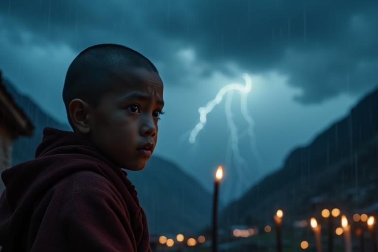 Dramatic scene shows a stormy Himalayan night. Dark clouds swirl over a Tibetan village. Lightning illuminates the sky. Inside a home, dim with flickering candles. A worried young boy appears. Family huddles together sensing danger. Mood conveyed through blues and grays with rain effects and VFX for lightning. Slow zoom on the child's anxious expression.
